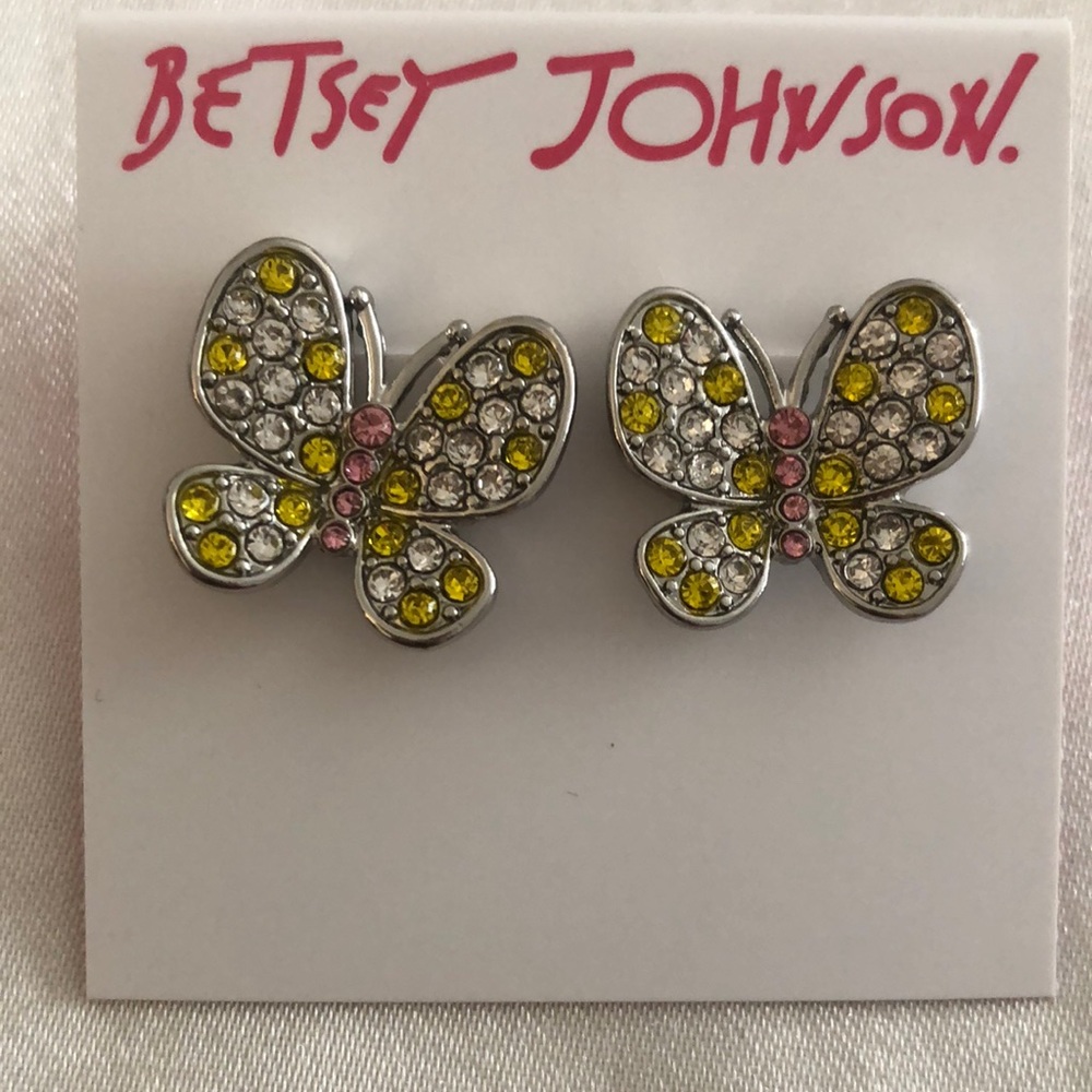 Betsey Johnson Silver Tone Butterfly Stud Earrings Crystal Accents NWT